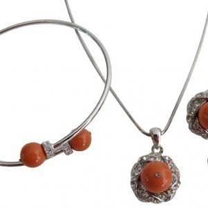 Coral Pearl Pendant Necklace Earring Bracelet..