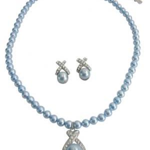 Swarovski Pearls Necklace Earrings W/ Blue Pendant..