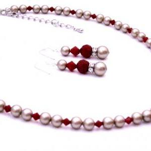 Platinum Champagne Pearls W/ Coral Red Crystals..