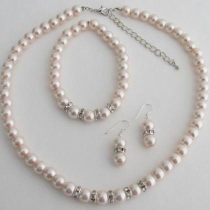 Blush Pink Pearl Rhinestones Necklace Earrings..