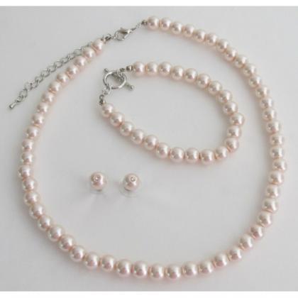 Blush Pink Pearl Necklace Earrings Braceket..