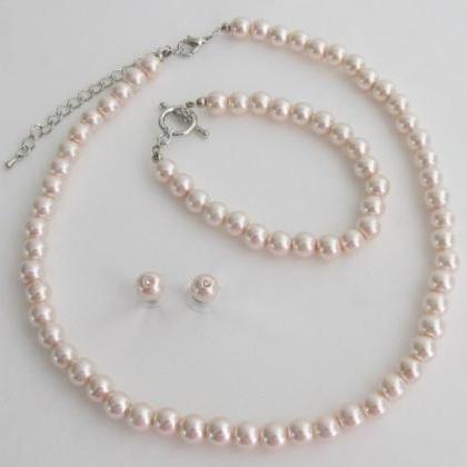 Blush Pink Pearl Necklace Earrings Braceket..