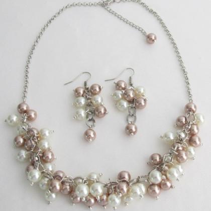 Champagne Ivory Cluster Necklace Earrings Wedding..