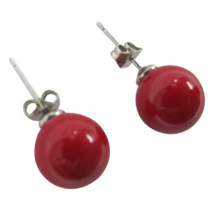 Oyster Pearl 10mm Stud Earrings In Red Color