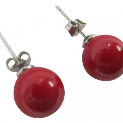 Oyster Pearl 10mm Stud Earrings In Red Color