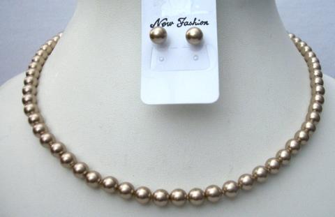 Swarovski Bronze Necklace Set Stud Pearls Earrings 6mm Pearls Jewelry