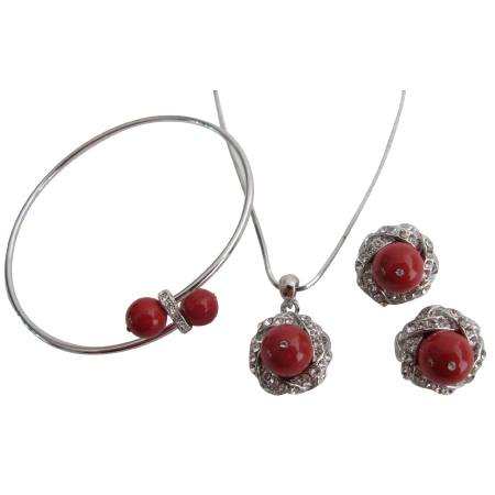 Christmas Gift In Red Pearl Pendant Necklace Earrings & Bracelet