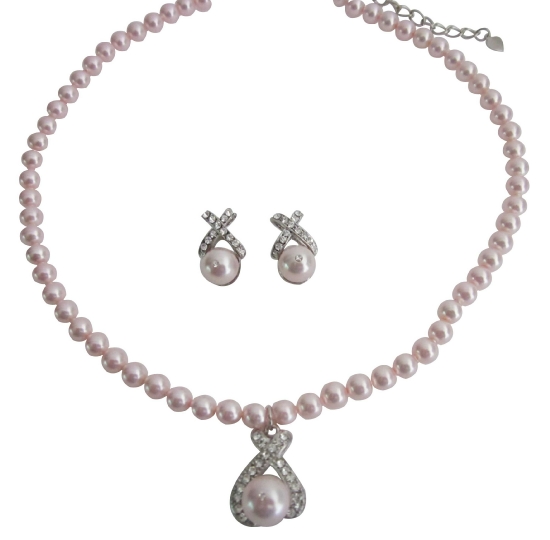 Fashion Jewelry Pink Swarovski Pearls Necklace Earrings Set