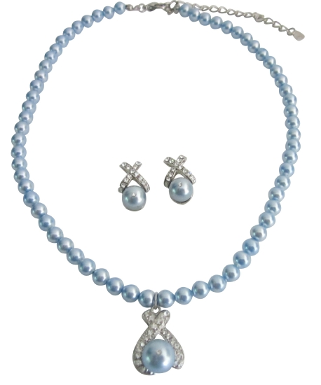 Swarovski Pearls Necklace Earrings W/ Blue Pendant Mother Gift