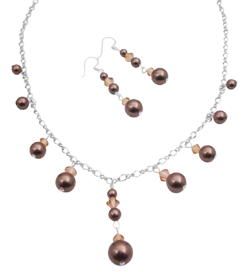 Inexpensive Swarovski Brown Pearls Necklace Set For Prom Wedding