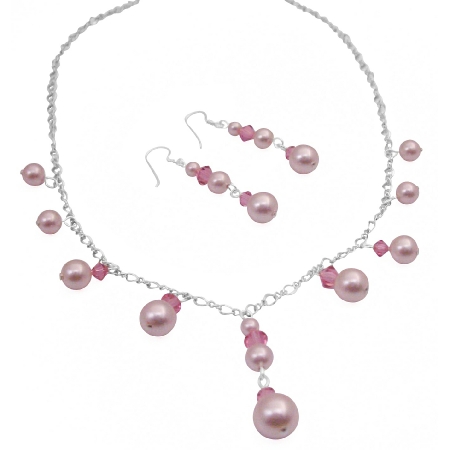 Romantic Rose Crystals & Pink Swarovski Pearls Bridesmaid Necklace Set