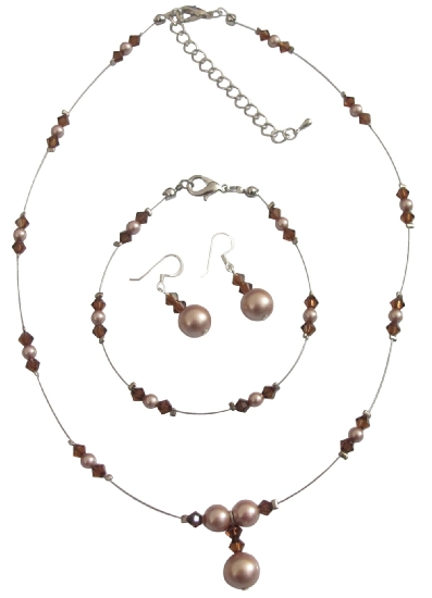 Delicate Champagne Pearls Smoked Topaz Crystals Complete Jewelry Set