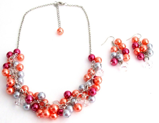 Salmon Lite Gray Magenta Gift Chunky Pearls Necklace Earrings Set Wedding Gift
