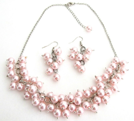 Soft Pink Pearl Chunky Beaded Necklace With Earring Bridal Gift