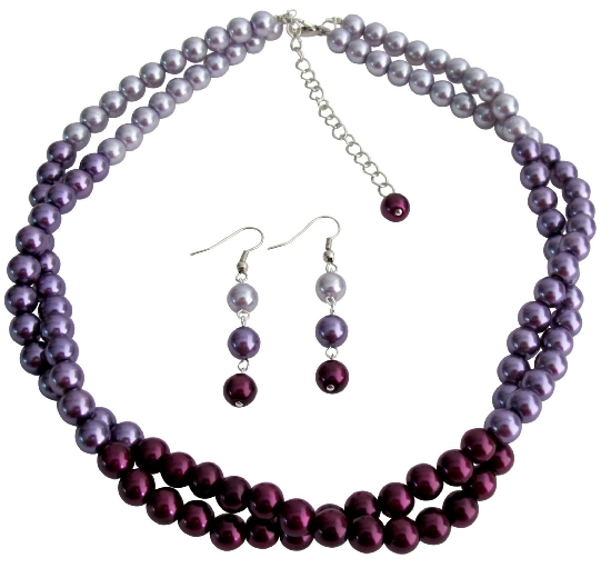 Pretty Purple Jewelry Set In Gorgeous Colors Plum Purple Lilac Twisted Double Strands Necklace Earrings Set