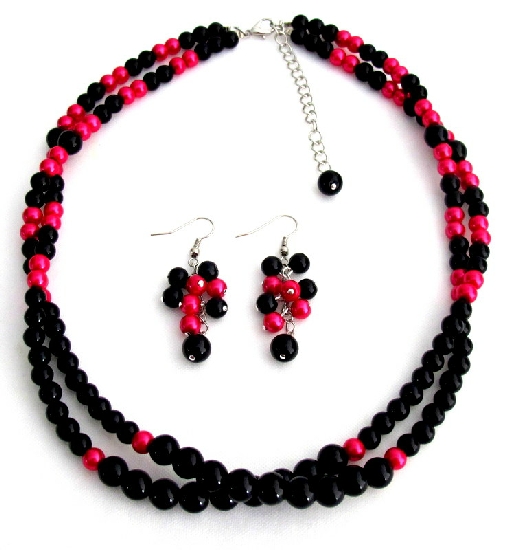 Twisted Double Strand Necklace Magenta And Black Pearls Bridesmaid Pink Black Jewelry Set