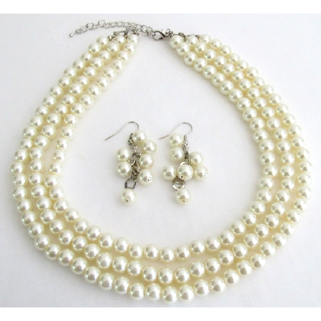 Beautiful Designed Jewelry Ivory Pearl Wedding Bridal Bridesmaid Three Strand Set