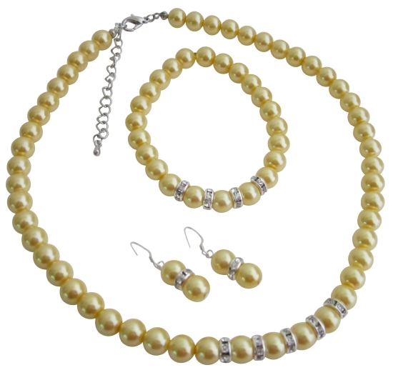 Sparkling Rhinestones Rings Spacer Yellow Pearls Wedding Jewelry Set
