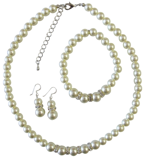 Bridal Bridesmaid Wedding Ivory Pearl Jewelry Set W/ Silver Diamante Saprkling Gorgeous Pearl Complete Set