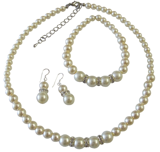 Faux Cream Pearl Bridesmaide Jewelry Set Sterling Silver 92.5 Earrings W/ Stretchable Bracelet