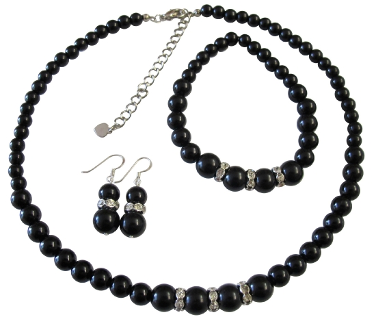 Black Pearls Jewelry Set Immitation Pearls Necklace Set Sterling Silver 92.5 Earrings W/ Stretchable Bracelet