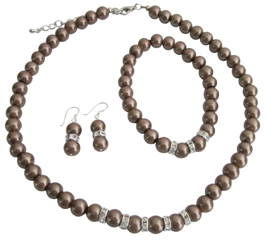 Bronze Brown Pearls Bridesmaide Jewelry Set Simulatd Brown Pearl Necklace Sterling Earring W/ Stretchable Bracelet