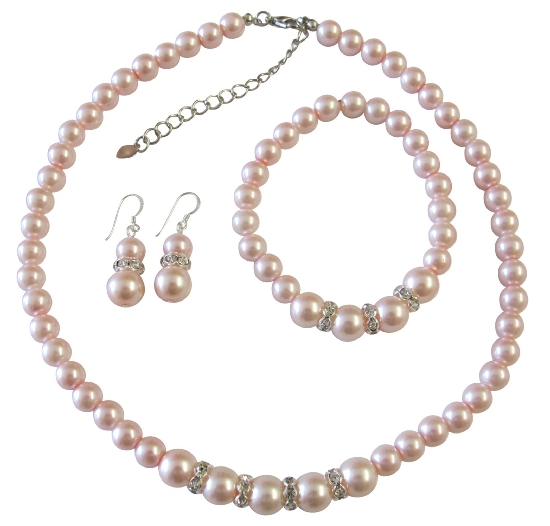Pink Pearl Jewelry Set Bridal Bridsemaid Faux Pink Pearl Necklace Sterling Silver Earring W/ Stretchable Bracelet