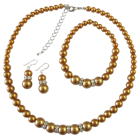 Pearl Jewlery Bridal Bridesmaid Golden Pearl Necklace Sterling Silver Earring W/ Stretchable Bracelet