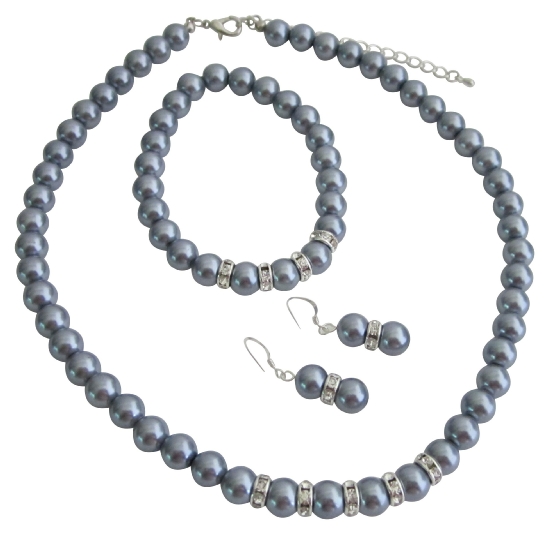 Bridemaides Pearl Jewelry Set Grey Faux Pearl Necklace Sterling Silver Earring W/ Stretchable Bracelet
