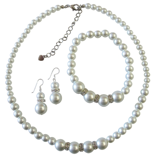Soothing White Pearls Bridesmaide Pearl Jewelry Set White Faux Pearl Necklace Sterling Silver Earring W/ Stretchable Bracelet