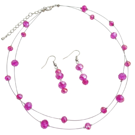Double Stranded Illusion Pink Crystal Necklace Set