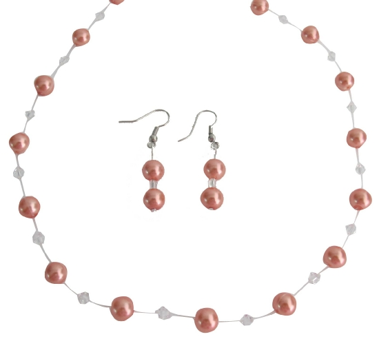 Graduation Necklace Set Prom Jewelry Orange Pearls Swarovski Clear Crystals Set