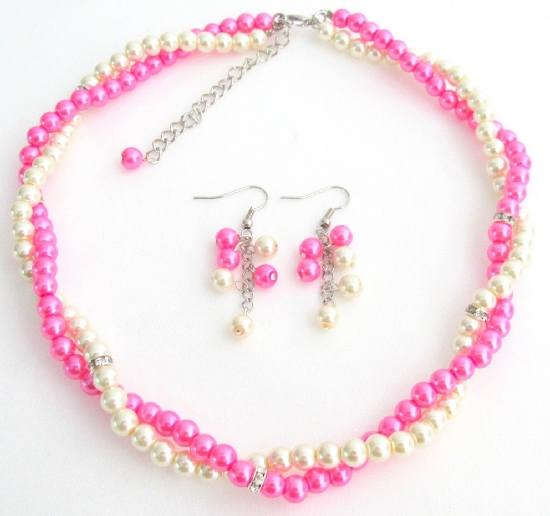 Pink Ivory Bridesmaid Jewelry Set Necklace Earrings Set With Rhinestone Spacer