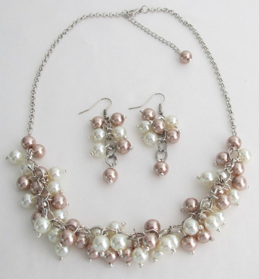 Champagne Ivory Cluster Necklace Earrings Wedding Bridesmaid Jewelry Set