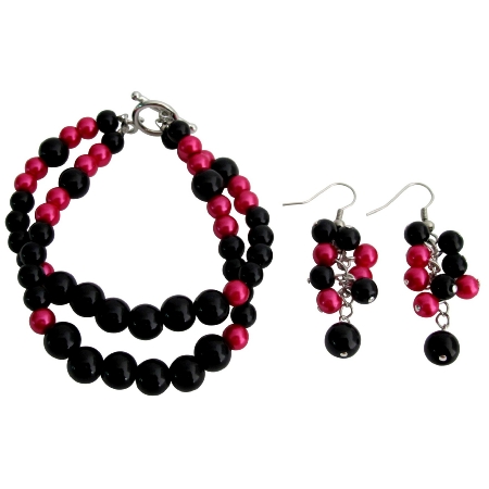 Gorgeous Magenta Black Pearls Bracelet Earrings Set