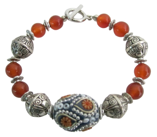 Fall Color Orange Carnelian W/ Kashmiri Bead Bracelet