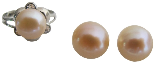 Wedding Jewelry Peach Pearl Adjustable Ring With Earrings