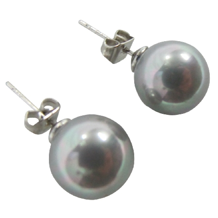 Lite Gray 12mm Oyster Shell Pearl Stud Earring Housewarming Jewelry